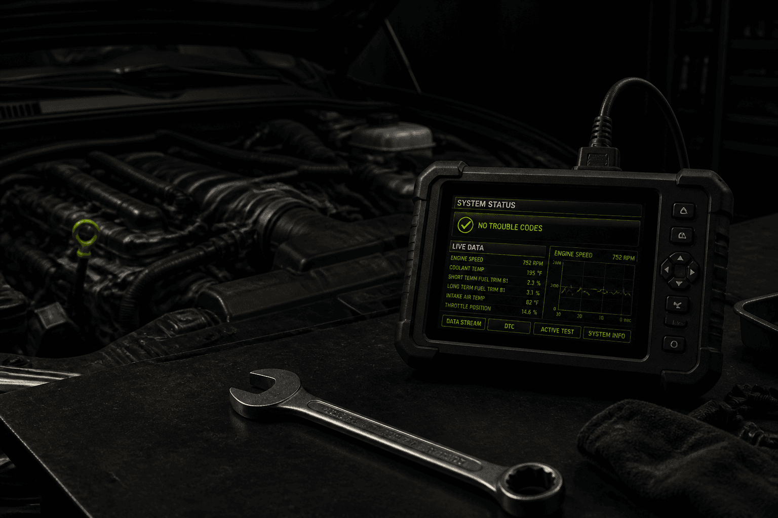 Automotive service bay with engine and diagnostic tools