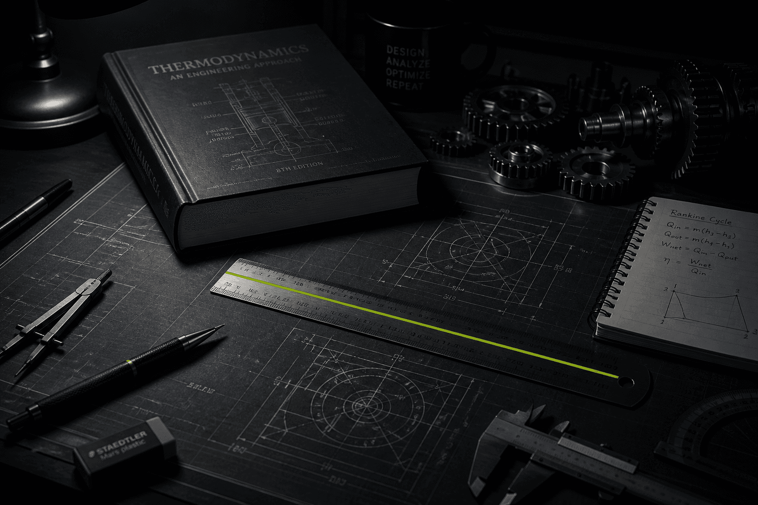 Mechanical engineering desk with gears and drafting tools