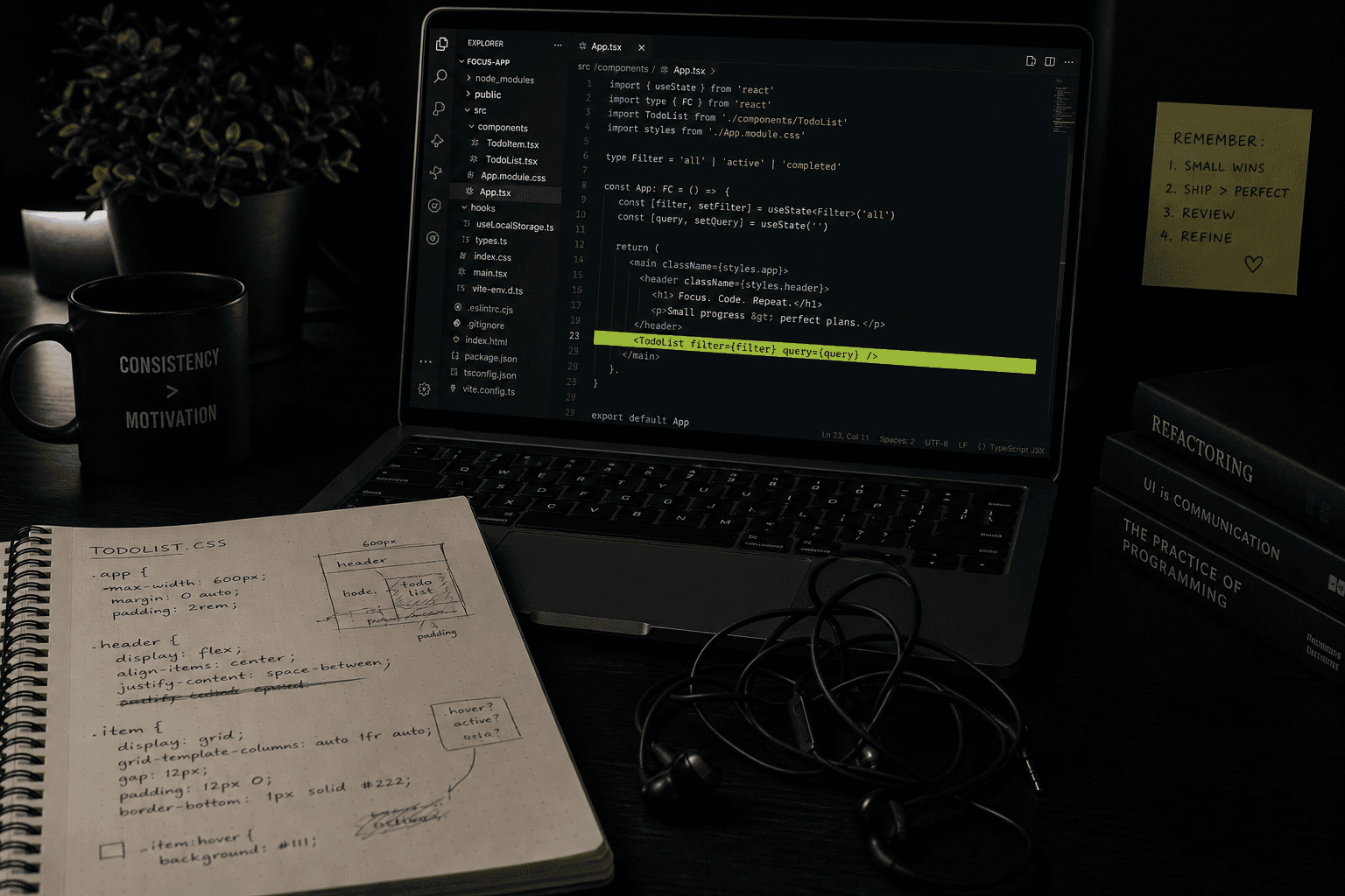 Laptop with code editor and learning notes