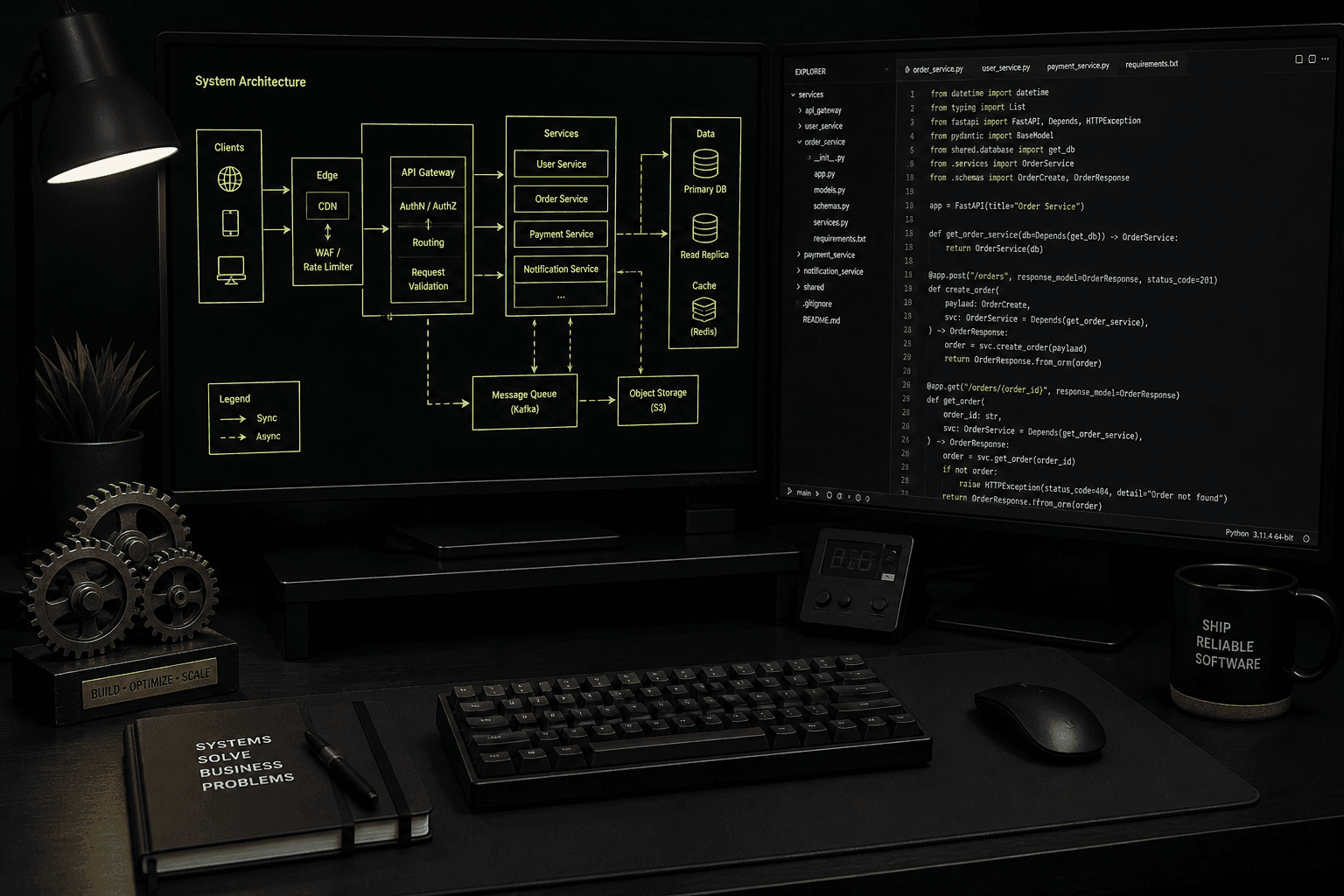 Senior engineer workbench with architecture and code