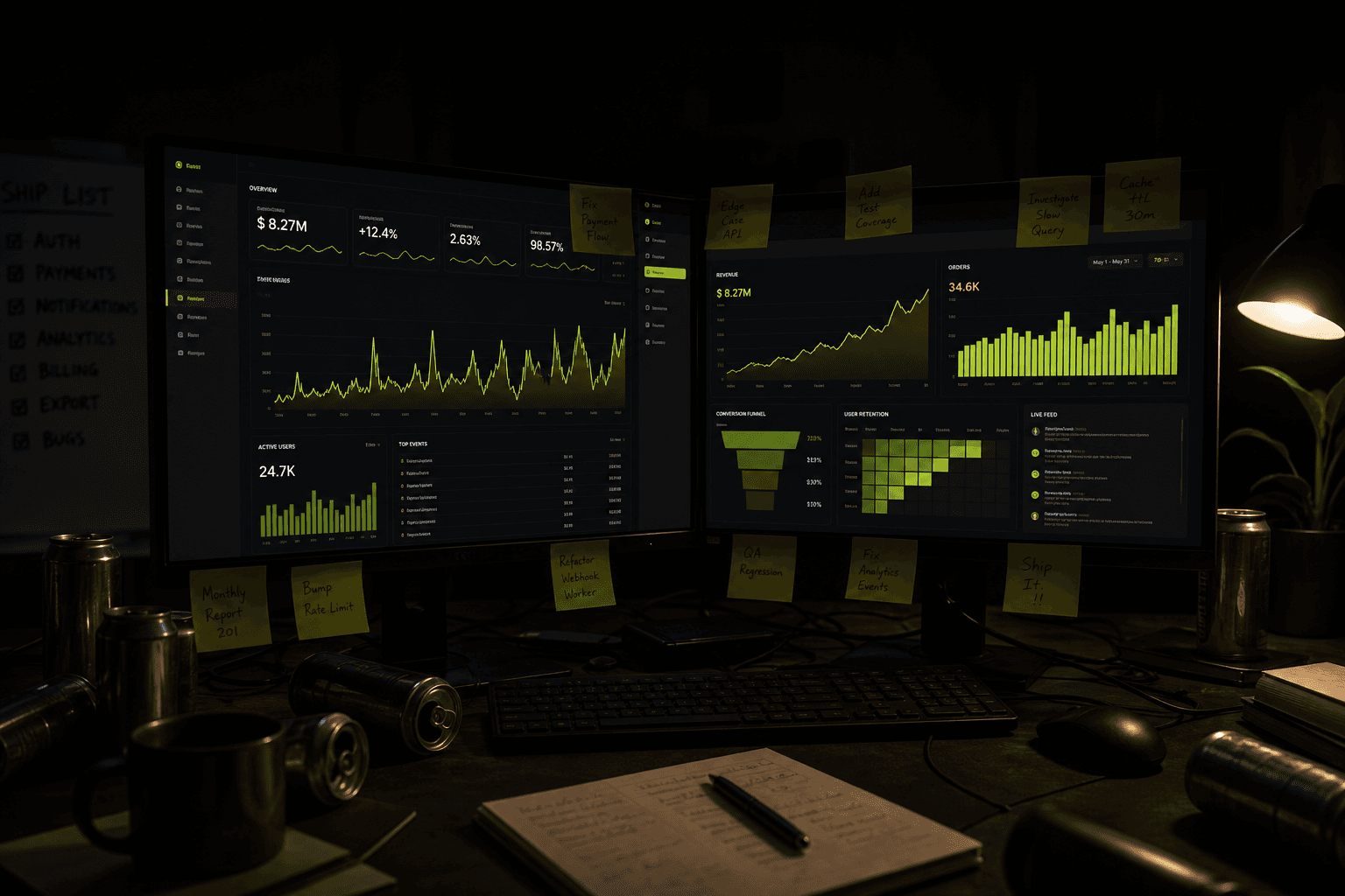 Dual monitors and late-night shipping setup