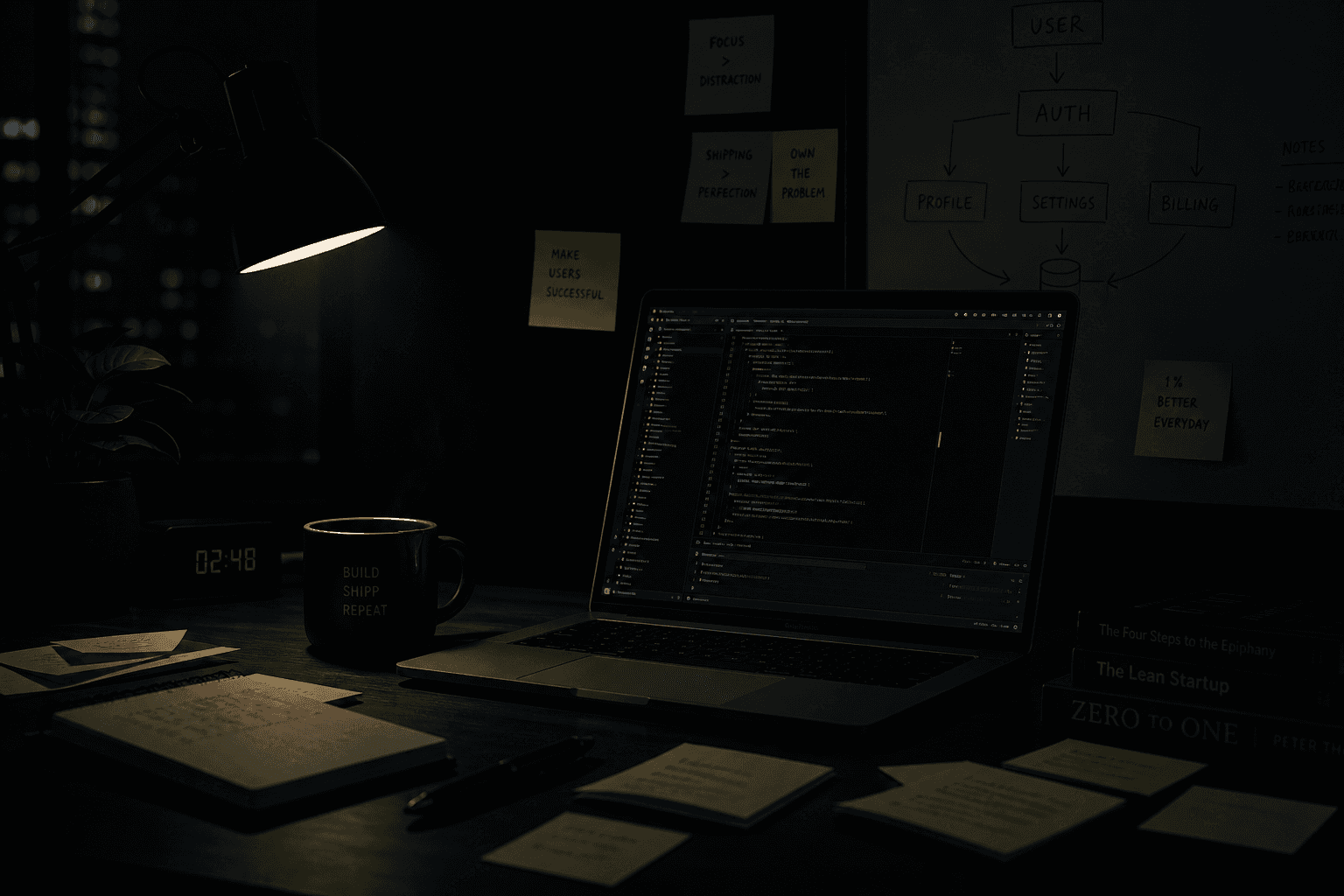 Late-night startup desk with code and sticky notes